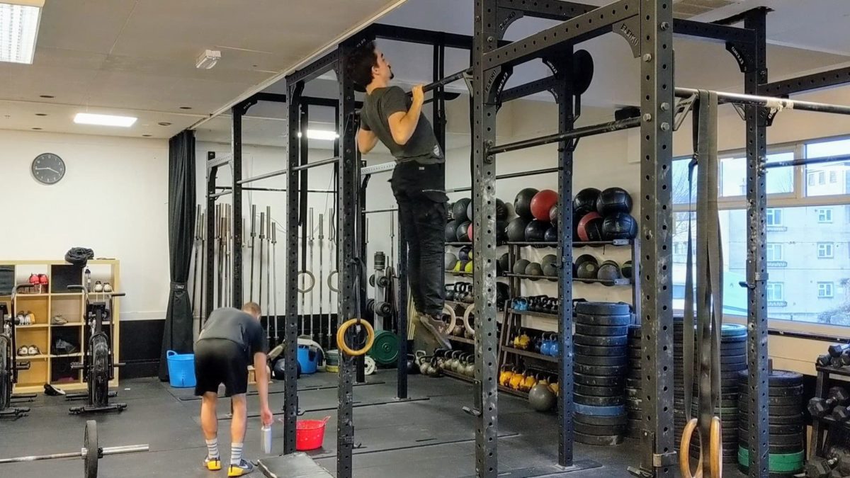 Pullup top position; elbows back, shoulders depressed, neck over bar